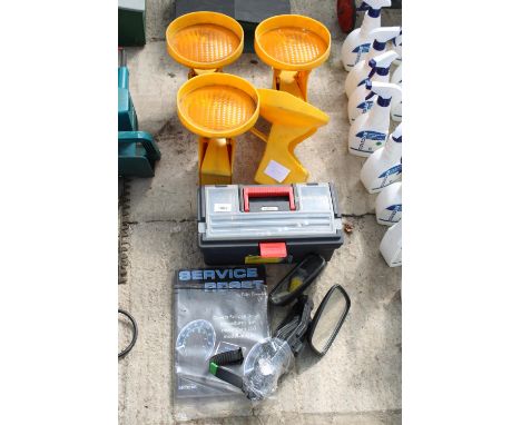 A PLASTIC TOOL BOX WITH AN ASSORTMENT OF TOOLS, ROAD REFLECTORS AND WING MIRRORS ETC 