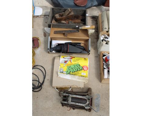 AN ASSORTMENT OF TOOLS TO INCLUDE A FOOT PUMP, WOOD PLANES AND A HAND VAC ETC 