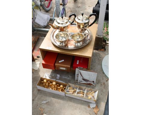 AN ASSORTMENT OF ITEMS TO INCLUDE A SILVER PLATED TEA SERVICE, FIGURES AND CASSETTES ETC 