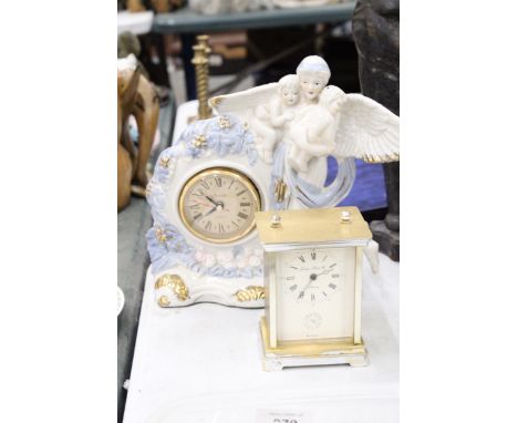 TWO MANTLE CLOCKS TO INCLUDE A CERAMIC ANGEL WITH CHILDREN, PLUS A CARRIAGE CLOCK 