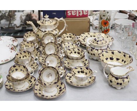 A MID CENTURY ROCKINGHAM PART TEA SET TO INCLUDE CUPS, SAUCERS, A TEAPOT, JUG, LARGE SUGAR BOWL PLUS CAKE PLATES 