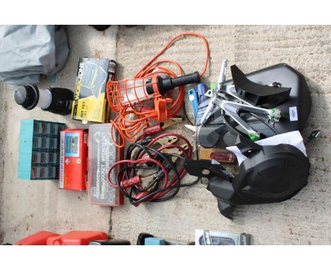 AN ASSORTMENT OF TOOLS TO INCLUDE JUMP LEADS, MOTORBIKE SPARES AND SOCKET SETS ETC 