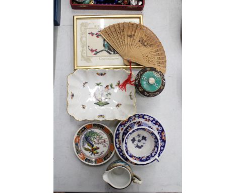 A MIXED LOT TO INCLUDE AN ORIENTAL STLE EMBROIDERED PICTURE, A GILT EDGED BOWL WITH BIRD DECORATION, ORIENTAL STYLE CUP, SAUC