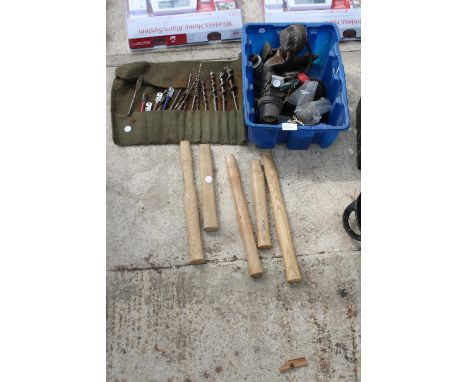 AN ASSORTMENT OF TOOLS TO INCLUDE HAMMER HANDLES AND BRACE DRILL BITS ETC 