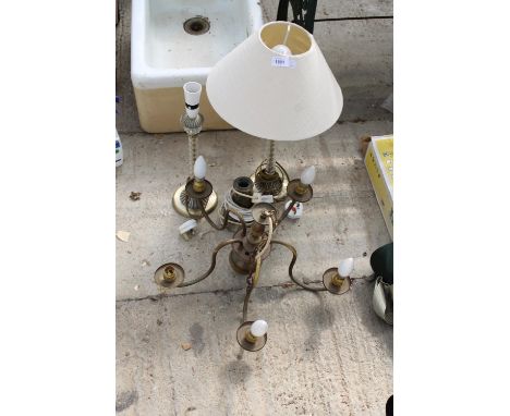 A BRASS CEILING LIGHT FITTING AND THREE VARIOUS TABLE LAMPS 