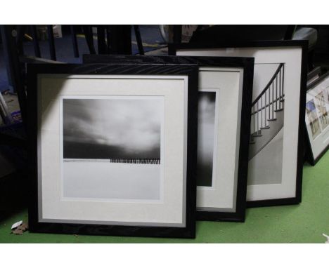 THREE MODERN MONOCHROME FRAMED PRINTS TO INCLUDE TWO SEASCAPE SCENCE PLUS STAIRCASE 