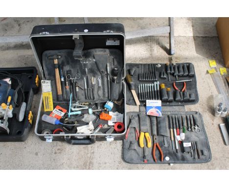 A TOOL CASE WITH AN ASSORTMENT OF TOOLS TO INCLUDE PLIERS, CLAMPS AND SCREW DRIVERS ETC 