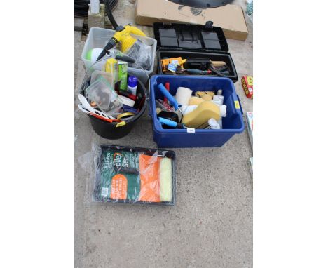 AN ASSORTMENT OF TOOLS TO INCLUDE PAINT ROLLERS, SNIPS AND SPRAYERS ETC 
