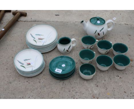 A RETRO DENBY DINNER SERVICE TO INCLUDE PLATES, CUPS AND SAUCERS AND TEAPOT ETC 