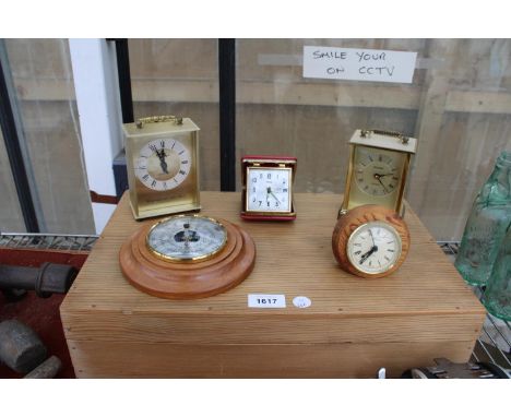 FOUR VARIOUS CLOCKS AND A BAROMETER AND A PINE BOX 