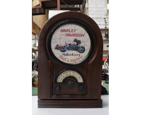 A HARLEY DAVIDSON, WOODEN RADIO, WITH THE EXTERIOR OPENING INTO SHELVES, HEIGHT 47CM, WIDTH 32CM, DEPTH 19CM 