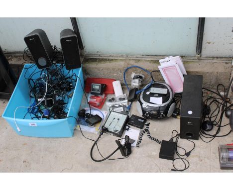 AN ASSORTMENT OF ITEMS TO INCLUDE COMPUTER SPEAKERS, A RADIO AND CAMERA STANDS ETC 