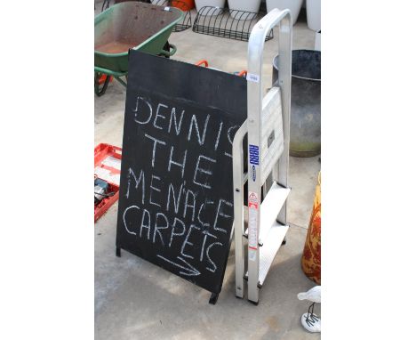 AN ABRU TWO RUNG ALUMINIUM STEP LADDER AND A BLACK BOARD A FRAME 