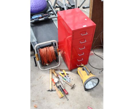 A MINIATURE SIX DRAWER METAL FILING CABINET, AN EXTENSION LEAD, A TORACH AND AN ASSORTMENT OF HAND TOOLS ETC 