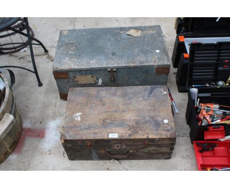 TWO VINTAGE WOODEN TOOL CHESTS WITH AN ASSORTMENT OF TOOLS TO INCLUDE HAMMERS AND SPANNERS ETC 