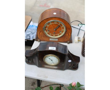 A WESTMINISTER CHIMING MANTLE CLOCK WITH A PLAQUE DATED 1936 AND A FURTHER MANTLE CLOCK BEARING A PLAQUE DATED 1931 