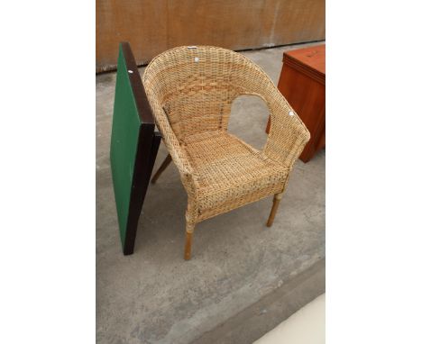 A WICKER CONSERVATORY CHAIR AND CARD TABLE 