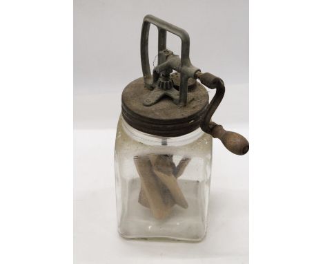 A VINTAGE GLASS BUTTER CHURN, PLUS A BASKET TRUG 