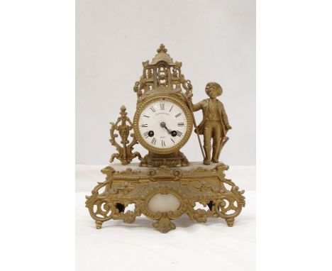 A VINTAGE FRENCH MANTLE CLOCK, WITH GILT COLOURED METALWORK ON A MARBLE BASE, HEIGHT 30CM, WIDTH 25CM 