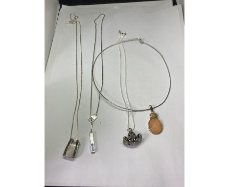 FOUR SILVER NECKLACES WITH PENDANTS 