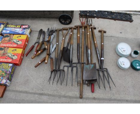 A LARGE ASSORTMENT OF VINTAGE GARDEN TOOLS TO INCLUDE FORKS, SPADES AND SHEARS ETC 