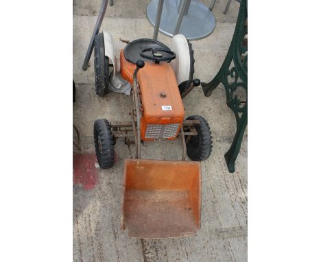 A VINTAGE AND RETRO SHARNA JUPITER CHILDS RIDE ALONG TRACTOR WITH FRONT END LOADER 