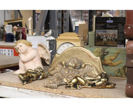 A COLLECTION OF INTERIOR DESIGN PIECES TO INCLUDE, A CHERUB GILT SHELF AND WALL HANGINGS, MANTLE CLOCK, CHERUB FIGURE, PHOTO 