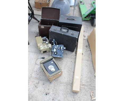 AN ASSORTMENT OF ITEMS TO INCLUDE A PROJECTOR SCREEN, PROJECTORS AND A SYNCHRODEK ETC 