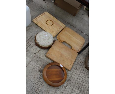 THREE WOODEN CHOPPING BOARDS, A TAPESTRY STOOL AND A TREEN BOWL 