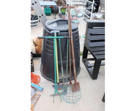 A PLASTIC COAL BUNKER AND AN ASSORTMENT OF GARDEN TOOLS 