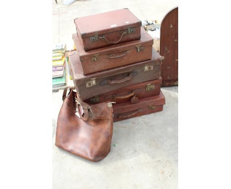 FIVE VINTAGE LEATHER TRAVEL CASES AND A LEATHER BAG 