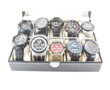 A group of ten gentleman's sports wrist watches. The lot to include Oskar Emil, Skmei, Quamer, TVG, Samoa, and Syngke. All ha