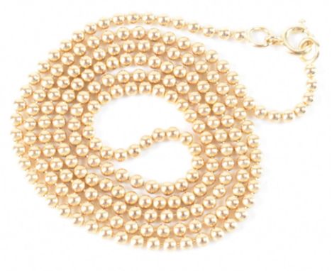 A hallmarked modern 9ct gold necklace. The bead chain necklace being comprised of a series of small beads with a spring ring 