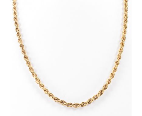 A vintage gold rope twist necklace chain. The chain having graduating rope twist links with a spring ring clasp. Unmarked, te