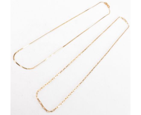 Two vintage hallmarked 9ct gold necklace chains. The lot to include a fine rectangular link necklace chain with a spring ring