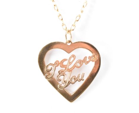 A 9ct gold ' I love you' pendant necklace. The necklace having a oval link chain with a heart shaped pendant with pierced dec