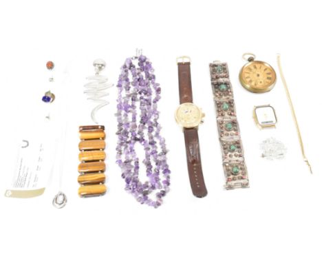 A selection of costume jewellery and watches to include a flexible link tiger's eye bracelet, a white metal cabochon set brac