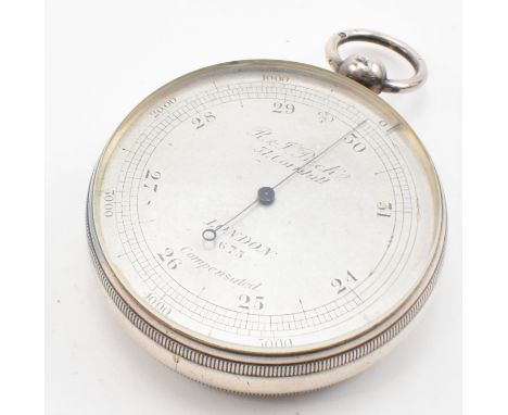A silver pocket barometer by R &amp; J Beck 31 Cornhill London, 675, engine turned decoration to reverse. Marked with lion pa
