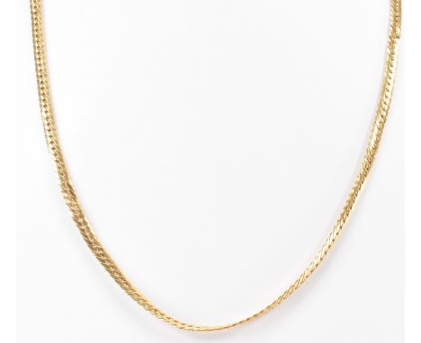 An 18ct gold flat link necklace chain. The necklace having flat curb links with lobster clasp. Marked 750 to the clasp with a