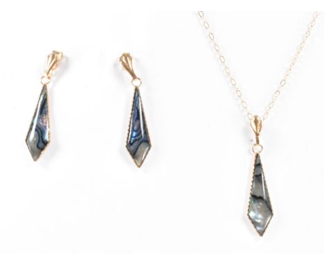 A vintage gold and abalone shell earrings and pendant jewellery suite. The lot to include a pendant necklace with abalone she
