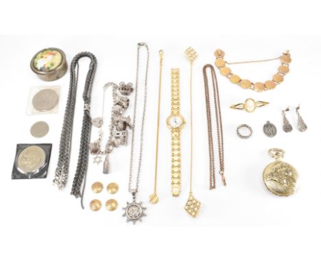 A collection of silver, costume jewellery and watches. The lot includes&nbsp;a silver pendant, a white stone 9ct gold and sil