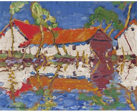Arthur Baker Clack (Australian 1877-1955) Cottages on the water Signed Oil on board 17.5 x 21cm ++Board slightly bowed, would