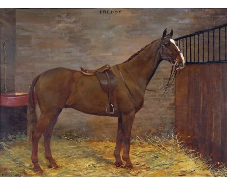  ‡ Frances Mabel Hollams (1877-1963) Freddy, a chestnut hunter in a stable Signed and inscribed Freddy Oil on panel 38 x 51cm