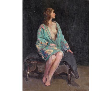 Harry John Pearson (1872-1933) Portrait of a lady in a floral robe Signed Oil on canvas 41 x 31cm  ++In good unlined conditio