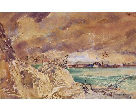 Thomas Hennell (1903-1945) Farmland view with a plough Signed and dated 1943 Pen, ink and watercolour 30 x 46.5cm ++Possibly 