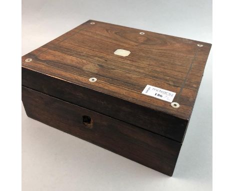 INLAID ROSEWOOD PORTABLE WRITING DESK, 22.5cm x 26cm, along with a mahogany tea caddy, of rectangular form (2)