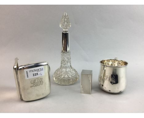 SILVER CHRISTENING MUG, along with a silver cigarette case, napkin ring and perfume bottle