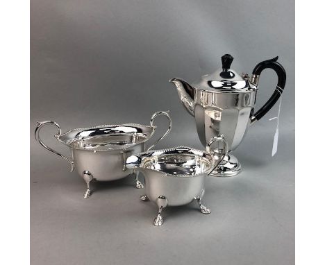 SILVER PLATED THREE PIECE TEA SERVICE, comprising tea pot, sugar and cream, along with another tea pot, three water jugs, a s