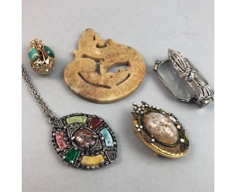 D'ORLAN NECKLACE AND SWAROVSKI BUTTERFLY PIN, along with other jewellery, lorgnette and a jade amulet