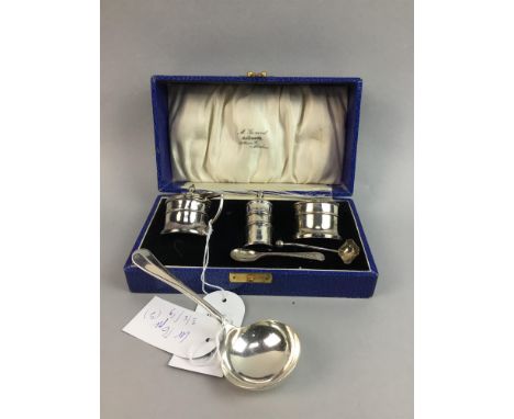 SILVER THREE PIECE CRUET SET, Birmingham 1926, in case, along with a rat-tail pattern sauce ladle, Sheffield 1915 (2)